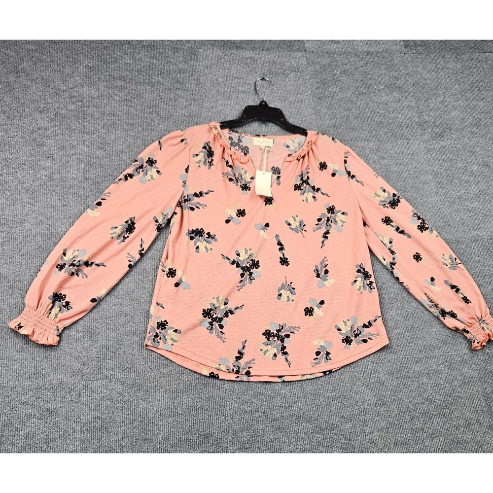 NWT Melloday Womens Peach Pink Floral Ruffle V-Neck Long Sleeve Blouse M